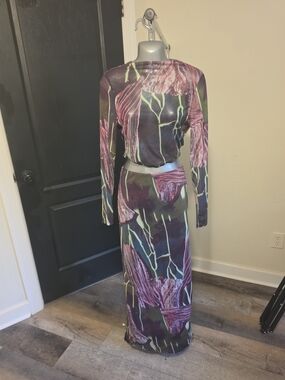Floral Print Long Sleeve Skirt Set - Purple & Green